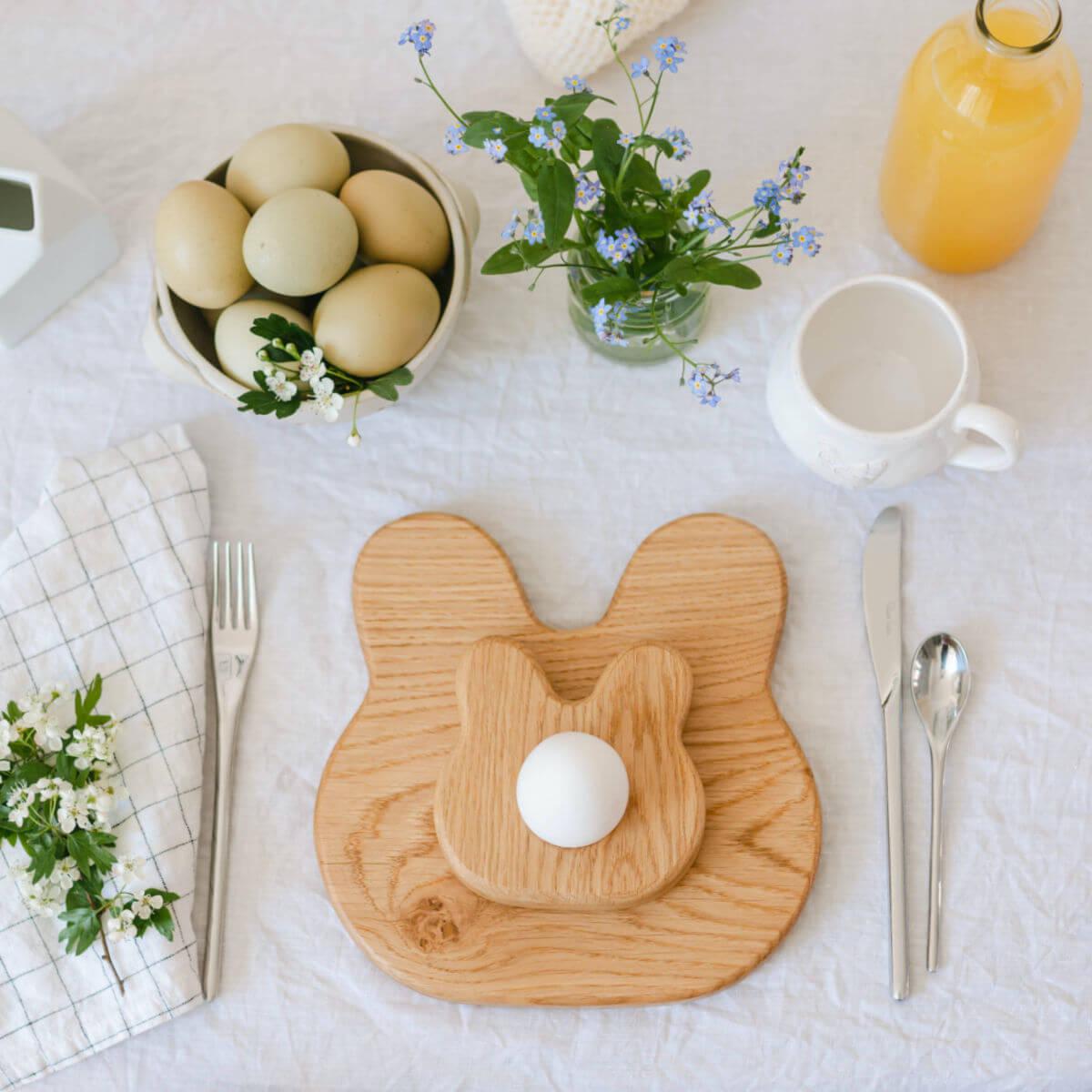 children's breakfast sets - wooden egg cup and toast board in bunny at blue brontide UK 