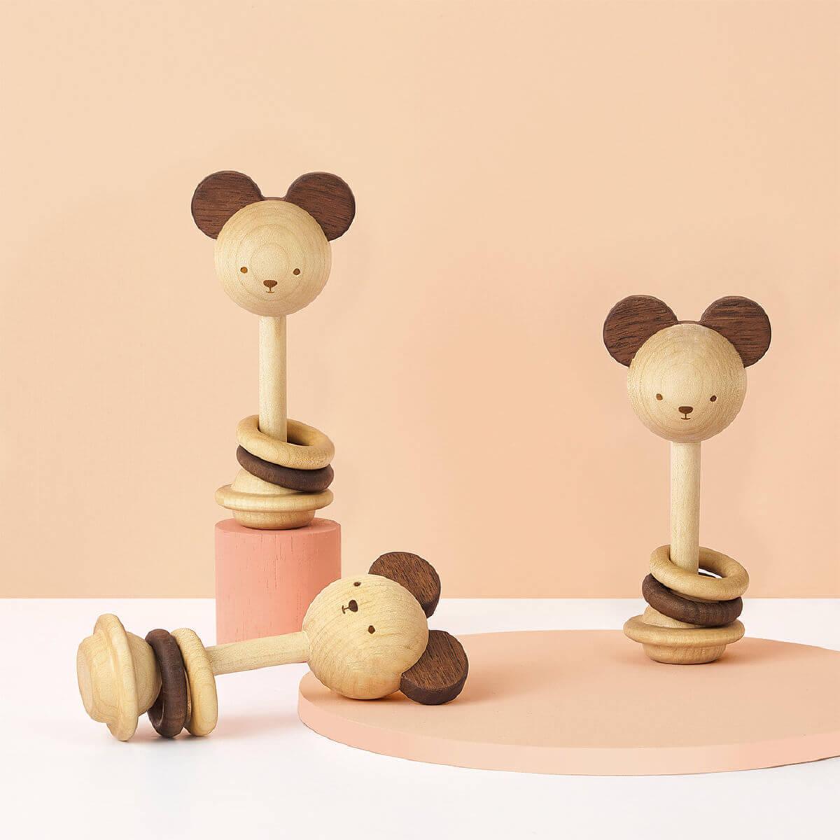 oioiooi nice to michu rattle a wooden baby rattle in a bear design at blue brontide uk