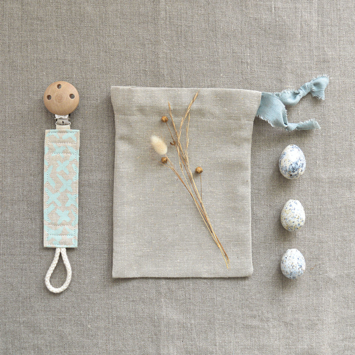 organic dummy pacifier clip in sustainable fabrics at blue brontide UK