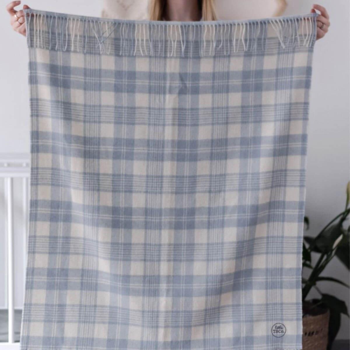 The Tartan Blanket Company Super Soft Lambswool Tartan Baby Blanket in powder blue check at blue brontide uk