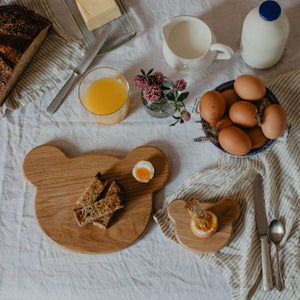 wooden children's breakfast set oak 
toast board and egg cup set in bear design by blue brontide uk