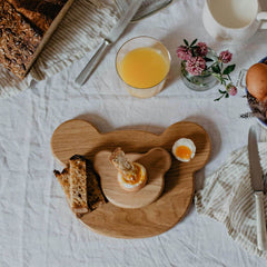 wooden children's breakfast set oak 
toast board and egg cup set in bear design by blue brontide uk